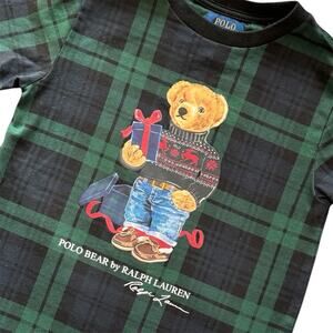 Polo by Ralph Lauren Kids Green Black Plaid Bear Cotton Holiday T Shirt Size 6